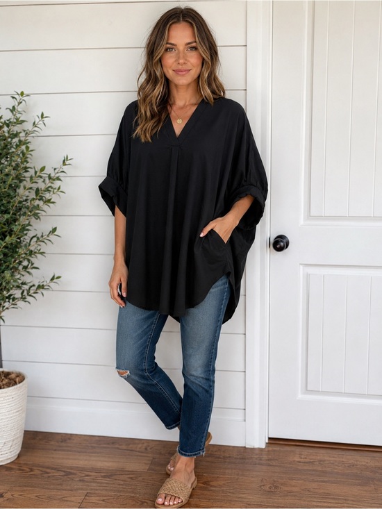 entro Tops - entro Black V-Neck Oversized Tunic with Pocket